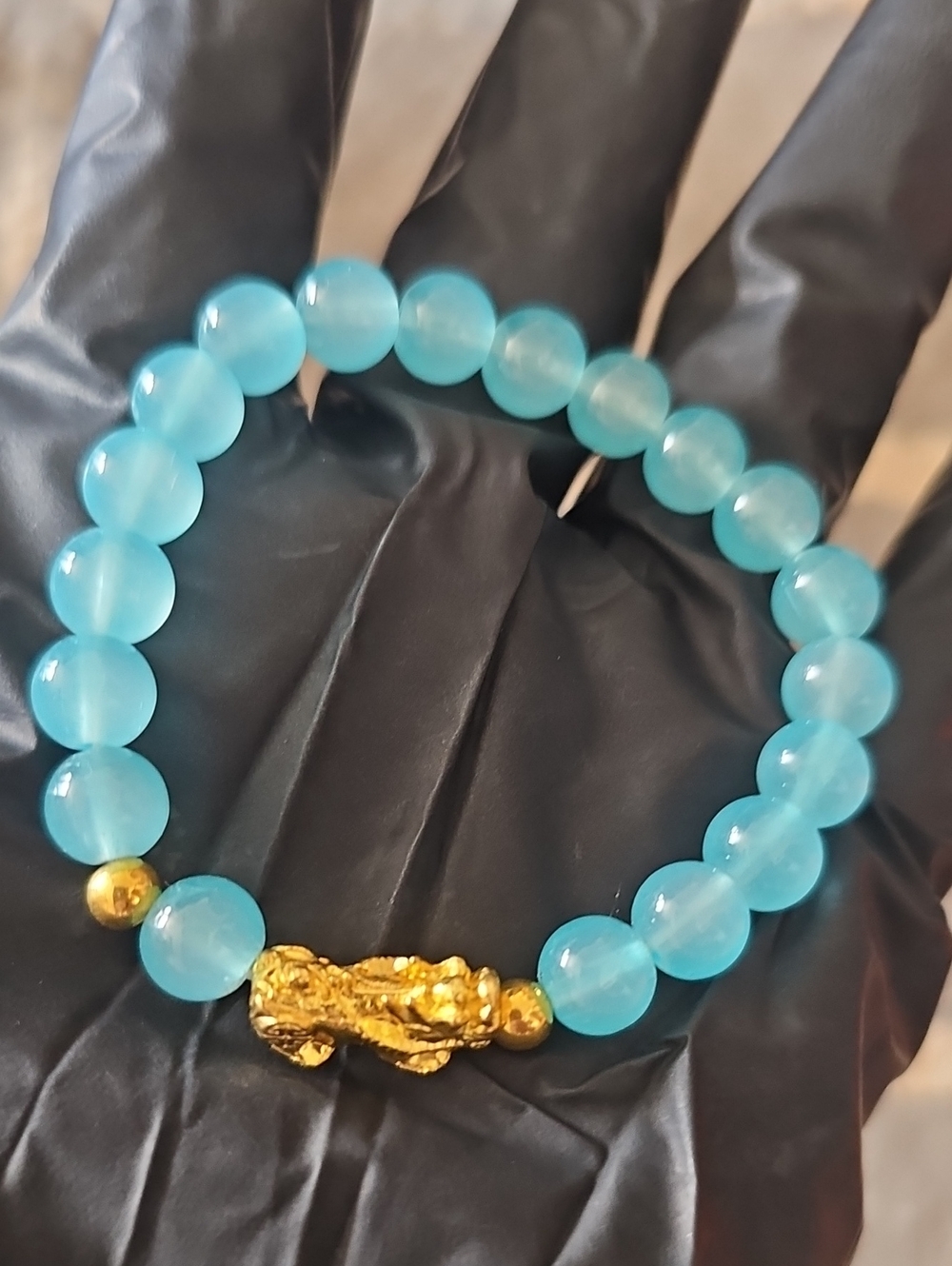 Gold Charm Aqua Bead Stretch Bracelet